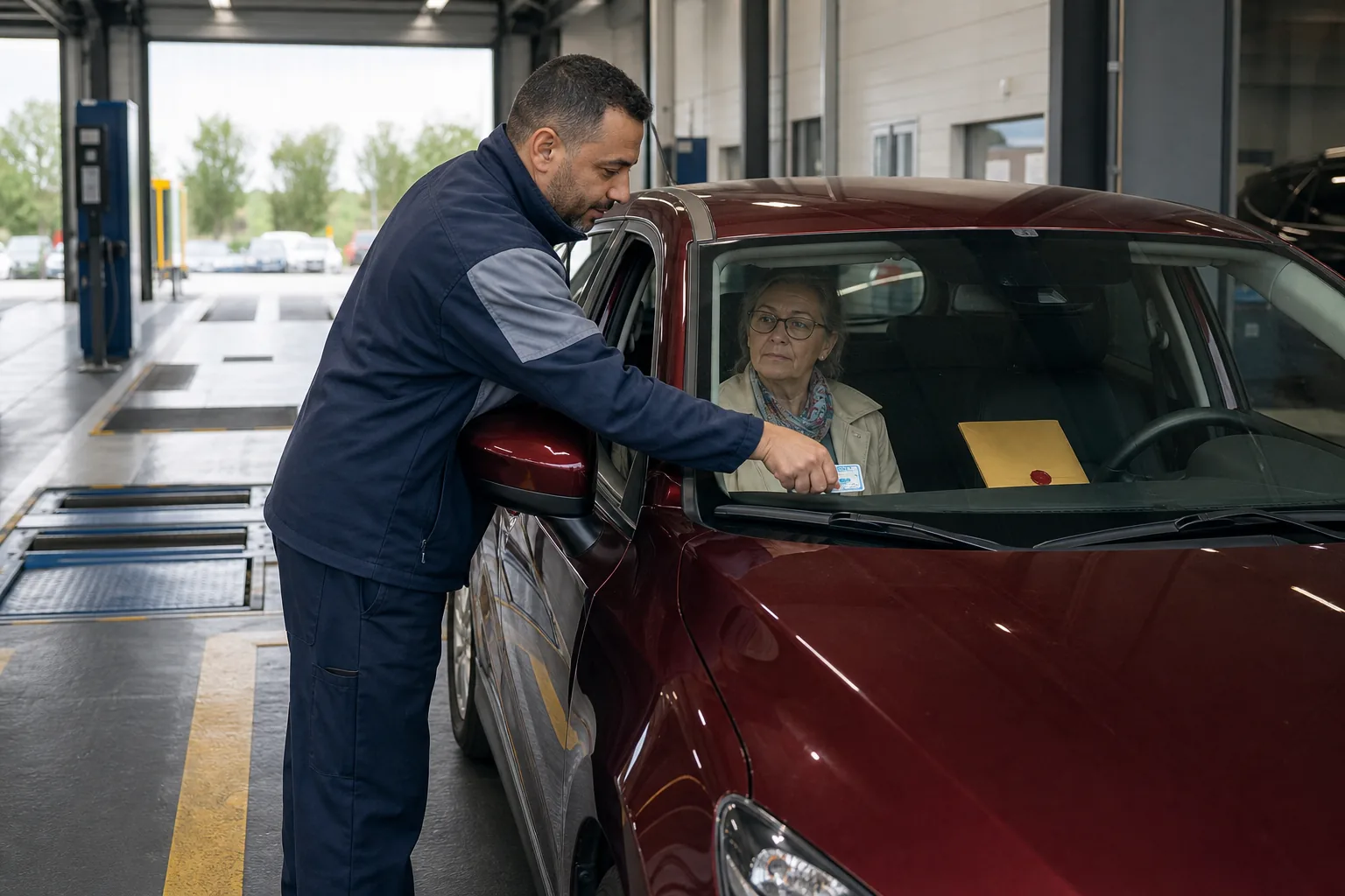 Technik przeprowadza urzędową kontrolę techniczną samochodu w Belgii przy dokumentach badania